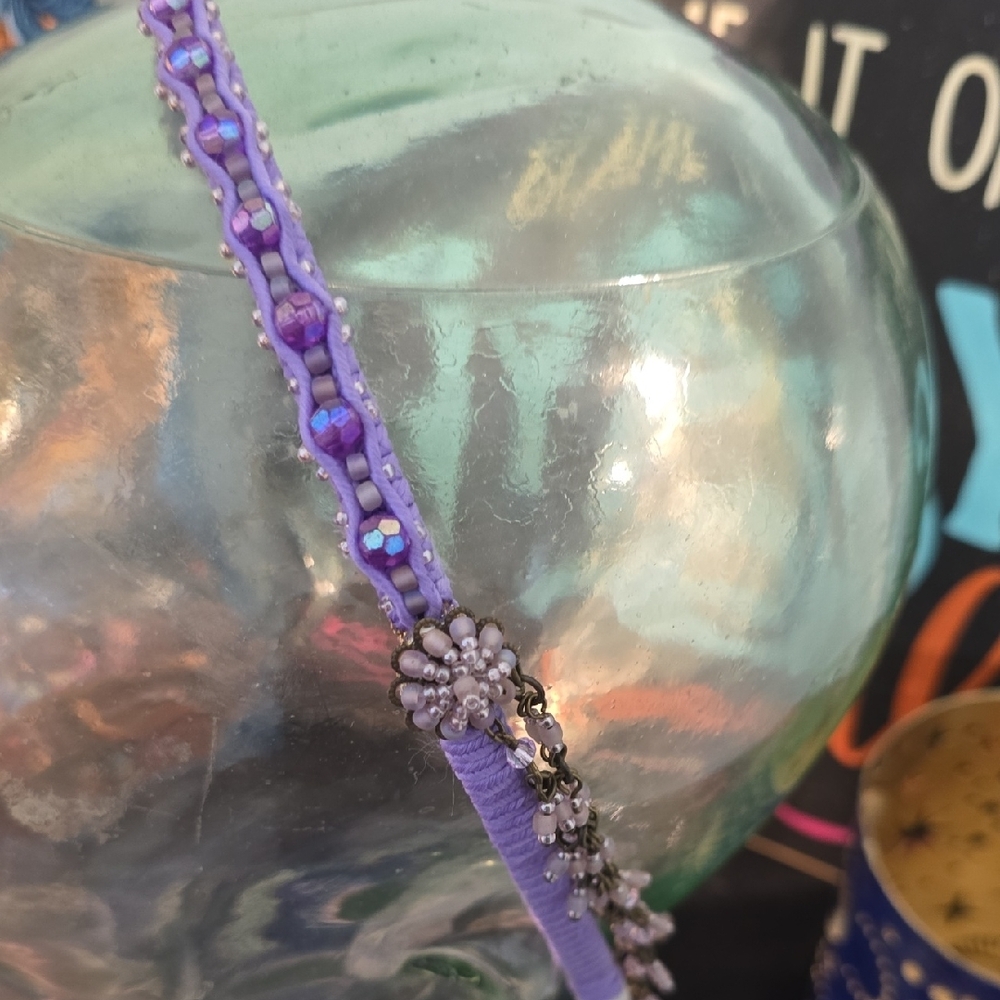 Pyramid Collection Purple Beaded Headband With Hanging Crystal Flowers - Picture 3 of 6